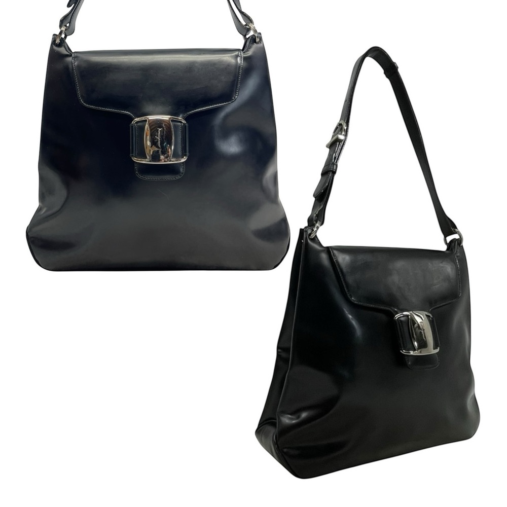 SALVATORE FERRAGAMO Large Enamel Leather Vara Shoulder Bag Handbag COA Dust Bag